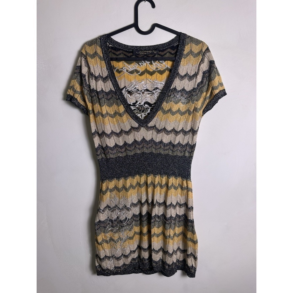 Vintage Y2K Ed Hardy Christian Audigier bodycon yellow gray Sweater Tunic Sz M